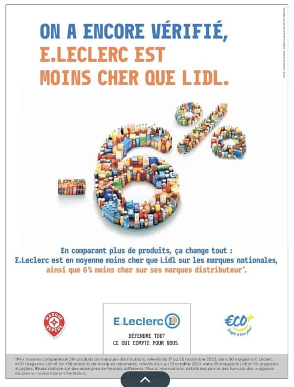 Publicité comparative la bataille Leclerc Lidl à un niveau encore